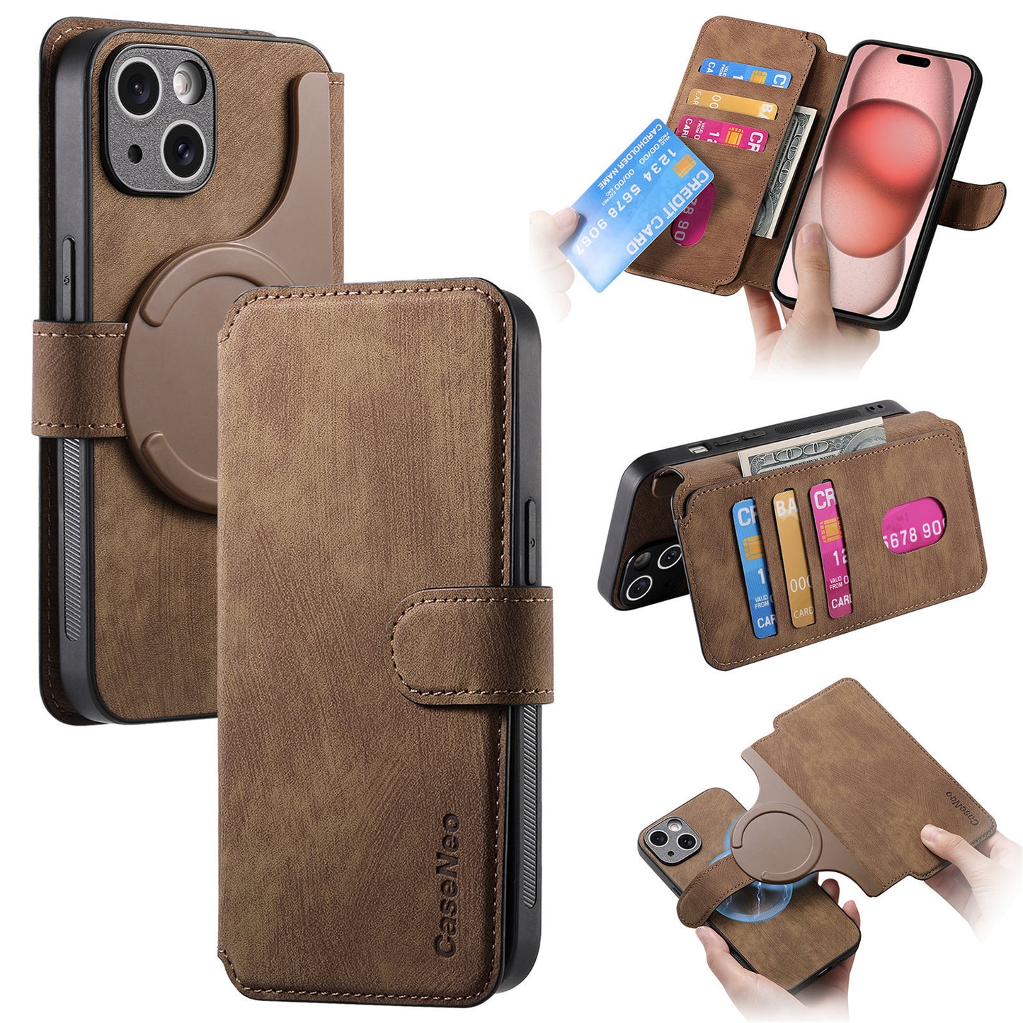 Brown phone case with card slots and ring stand, featuring the CaseMoo brand.