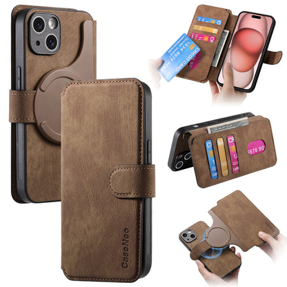 Brown phone case with card slots and ring stand, featuring the CaseMoo brand.