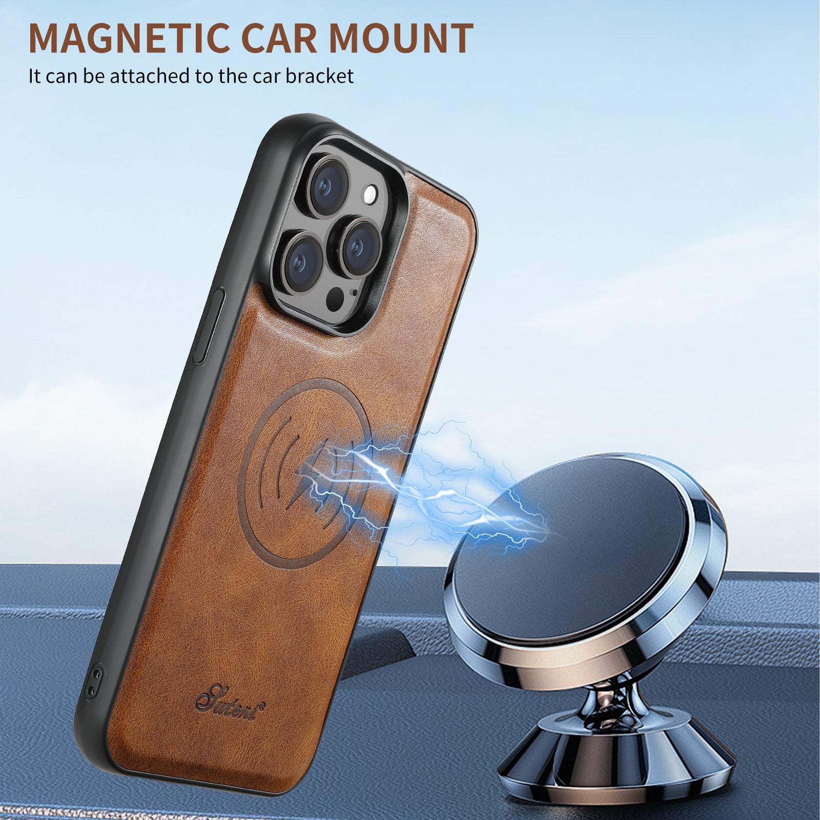 Brown phone case with magnetic car mount on a blue background