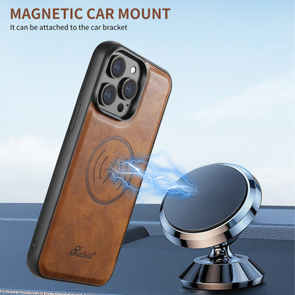 Brown phone case with magnetic car mount on a blue background
