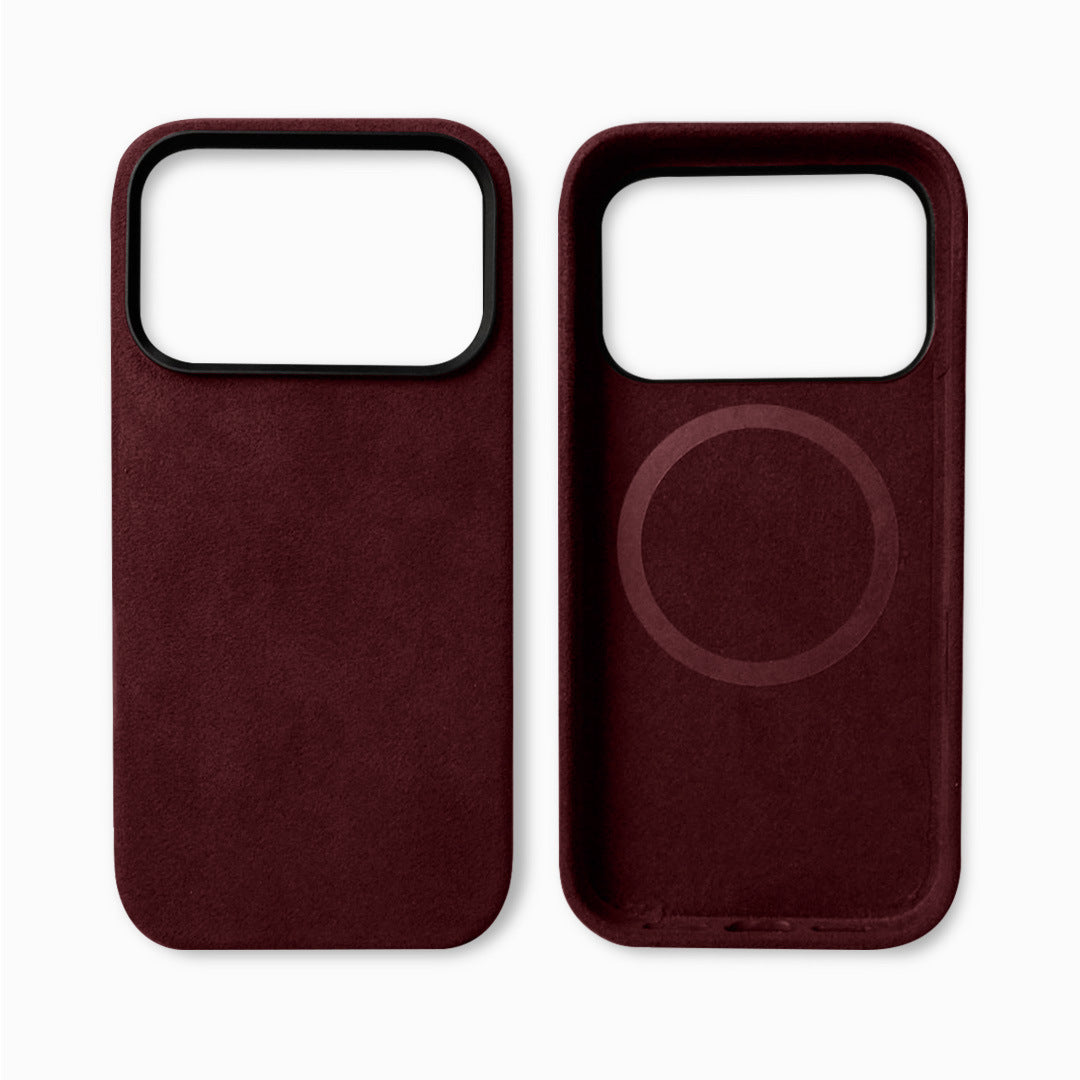 Burgundy phone case with magnetic back for Apple products on a white background