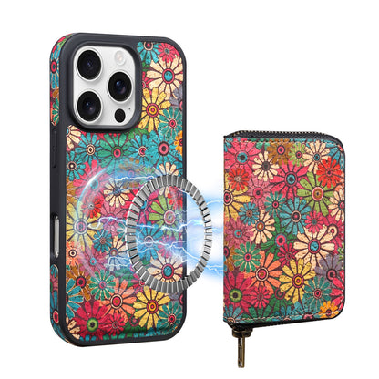 Colorful floral phone case with a matching ring holder and wallet on a white background