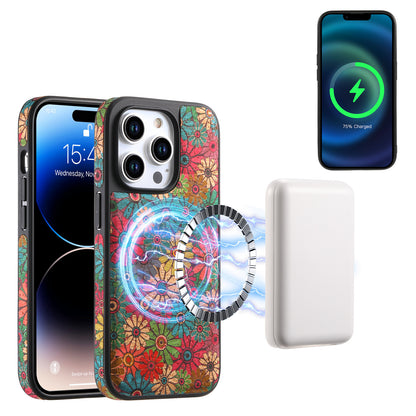 Colorful floral phone case with ring stand and phone displaying charging status.