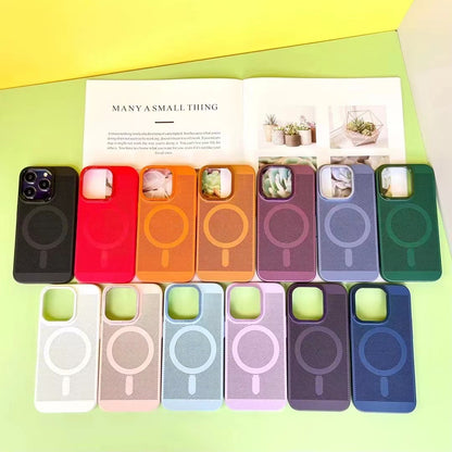 Colorful phone case set with magnifying glass design on a yellow background