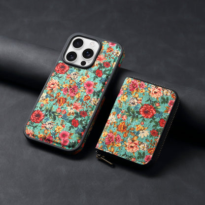Floral patterned phone case with a zipper on a dark background