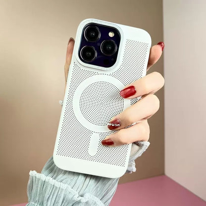 Hand holding a white phone case with a textured design against a beige background