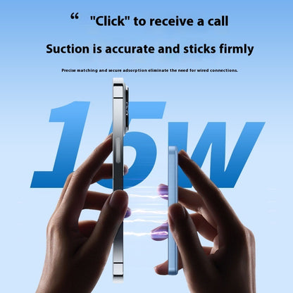 Hands holding two devices with text about call reception and suction strength on a blue background