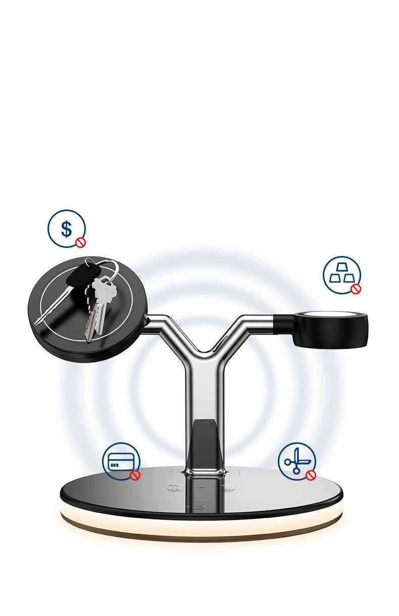 Key lock security device with icons indicating features on a white background