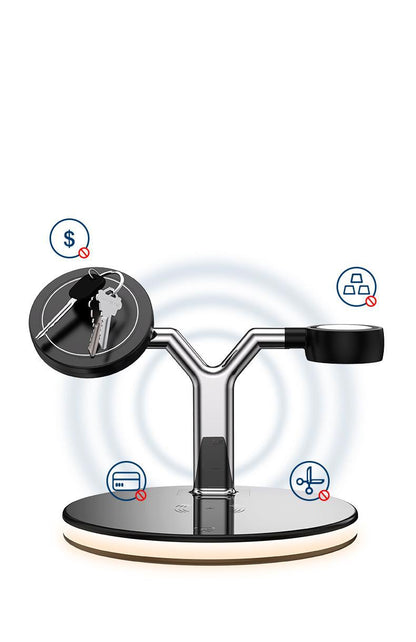 Key lock security device with icons indicating features on a white background