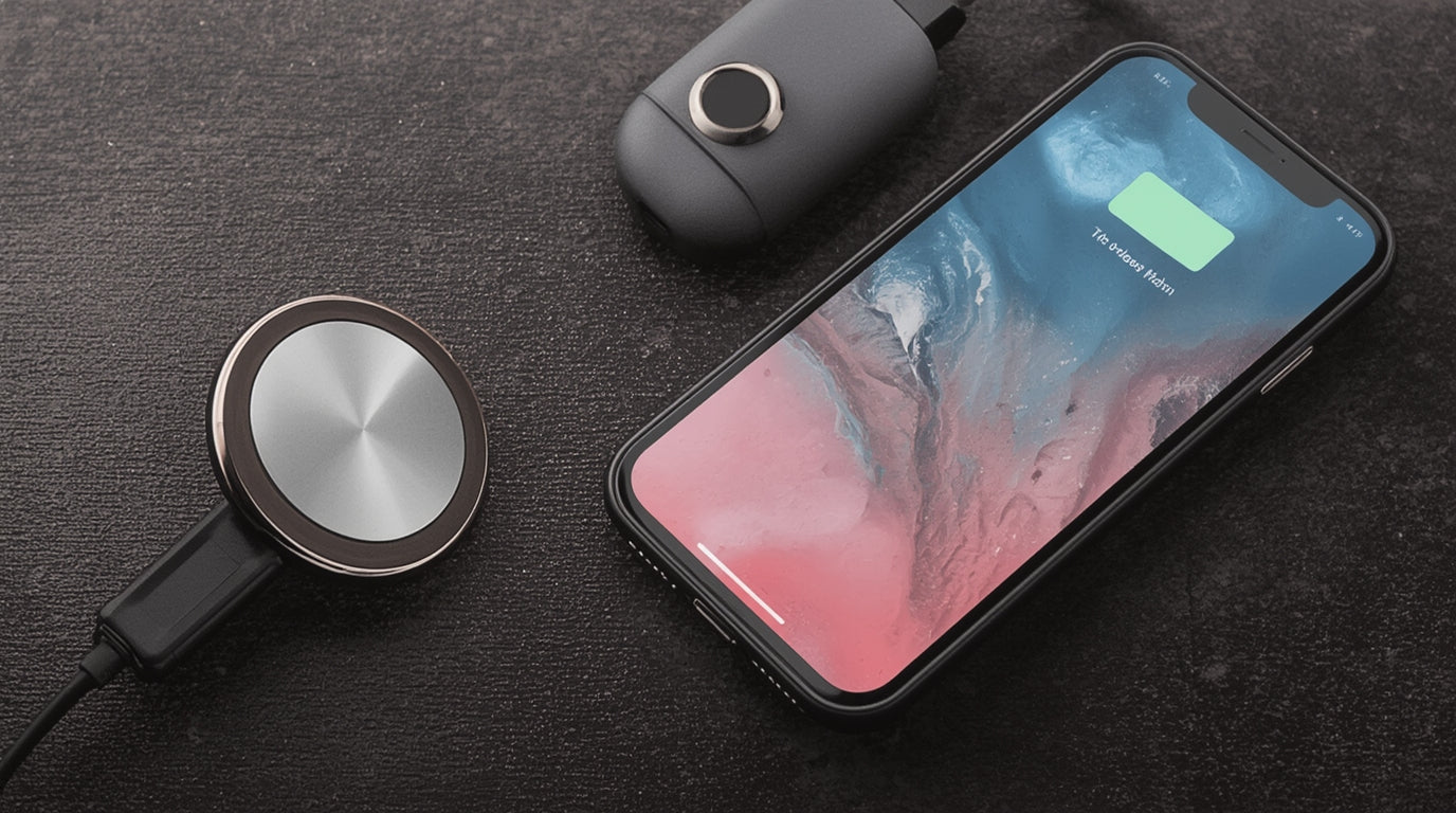 Wireless charging device and smartphone on a dark surface