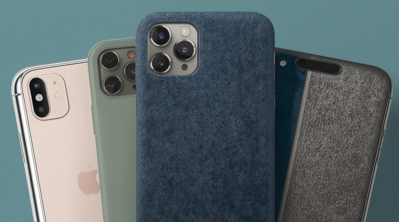 Four phone cases with different finishes on a teal background
