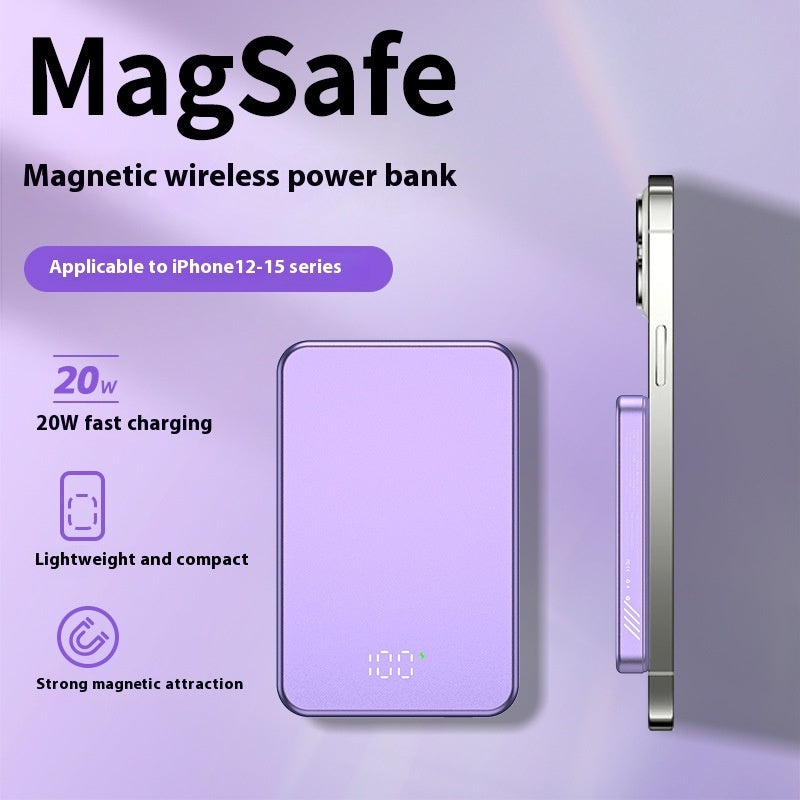 MagSafe magnetic wireless power bank on a purple background with text highlighting features.