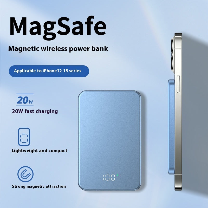 MagSafe magnetic wireless power bank with features on a light blue background