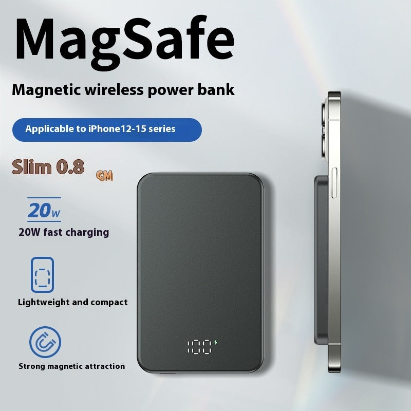 Magnetic wireless power bank with specifications on a light gray background