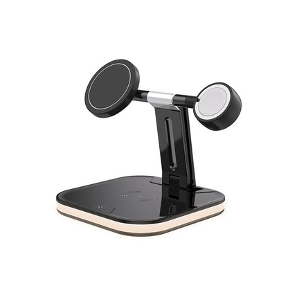 Multi-device stand with magnetic attachments on a white background