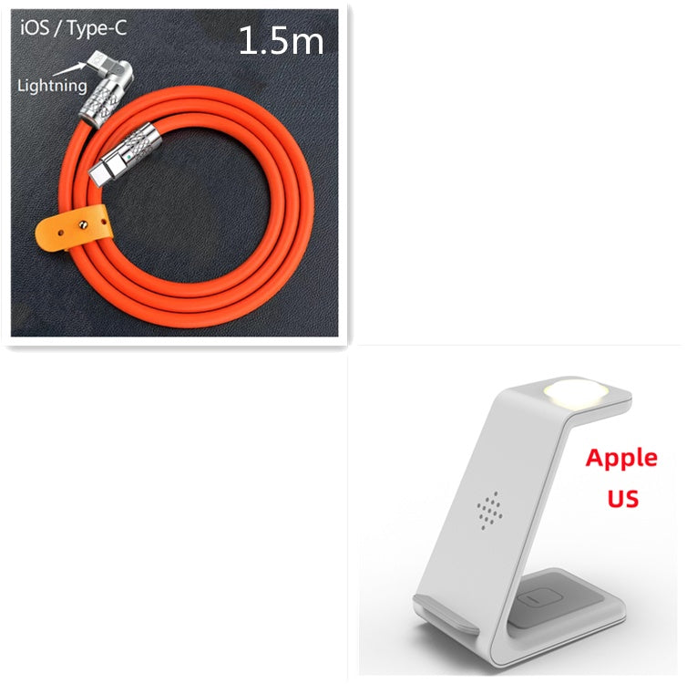 Orange cable with connectors and a white charging stand on a white background