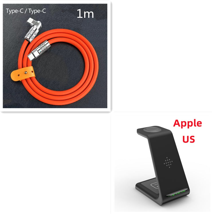 Orange cable labeled '1m' and a black wireless charging stand with 'Apple US' text.