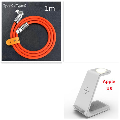 Orange cable labeled '1m' and a white phone stand with 'Apple US' branding on a white background.