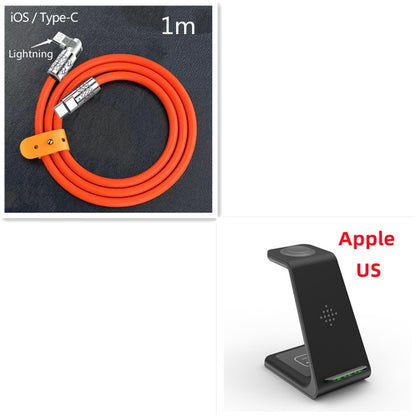 Orange cable with 'iOS/Type-C' and 'Lightning' labels on a black background, next to a black phone stand with 'Apple US' text.