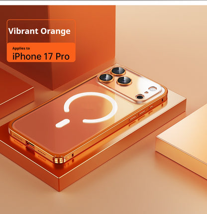 Orange iPhone 17 Pro on a matching stand with 'Vibrant Orange' label.