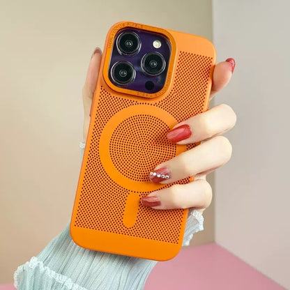 Orange phone case with a textured design held by a person against a neutral background