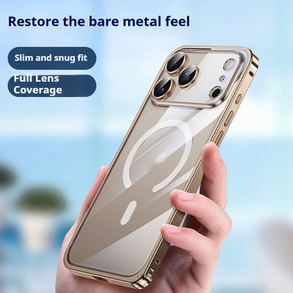Phone case with metal finish held by a hand, against a blurred outdoor background
