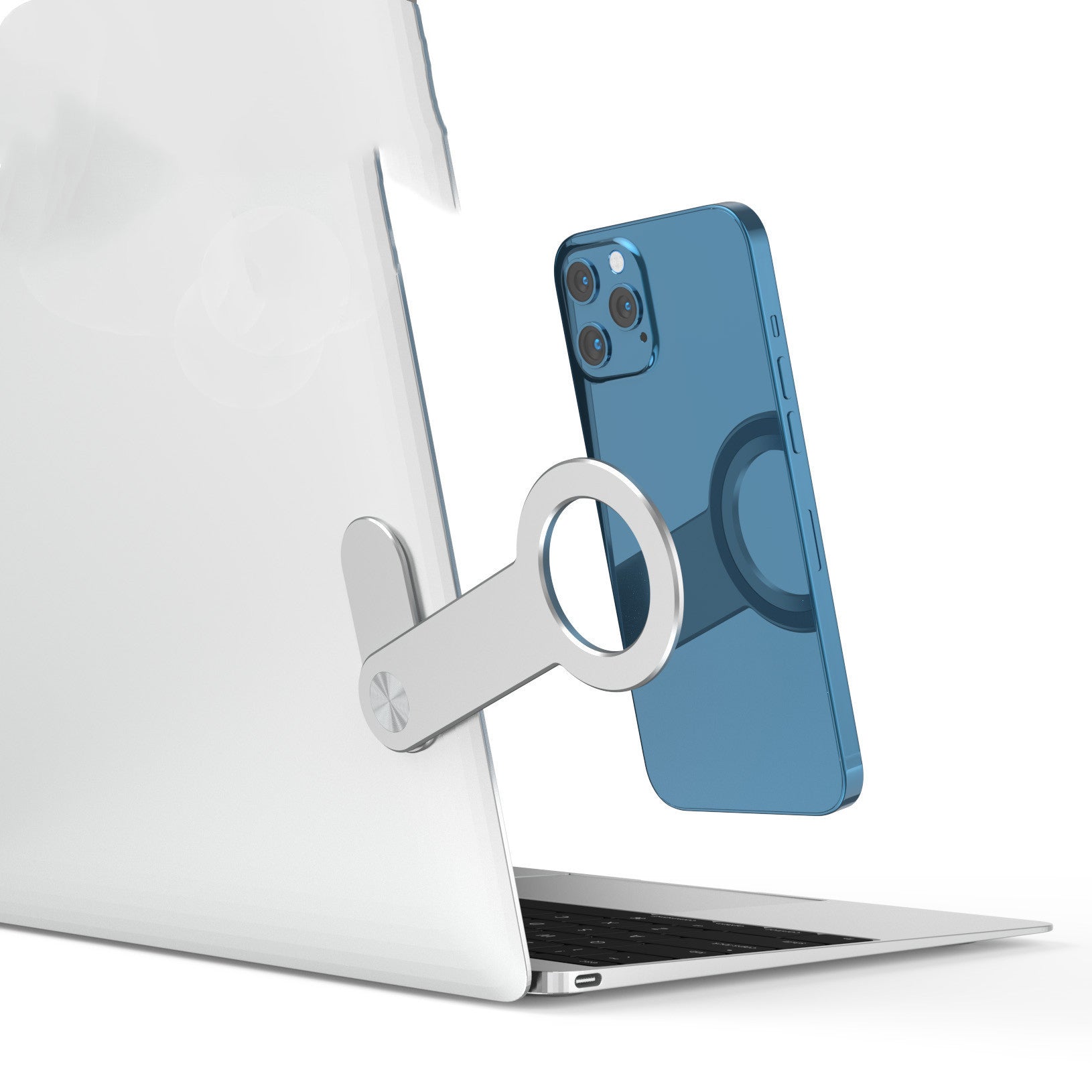 Phone holder with blue phone on a laptop