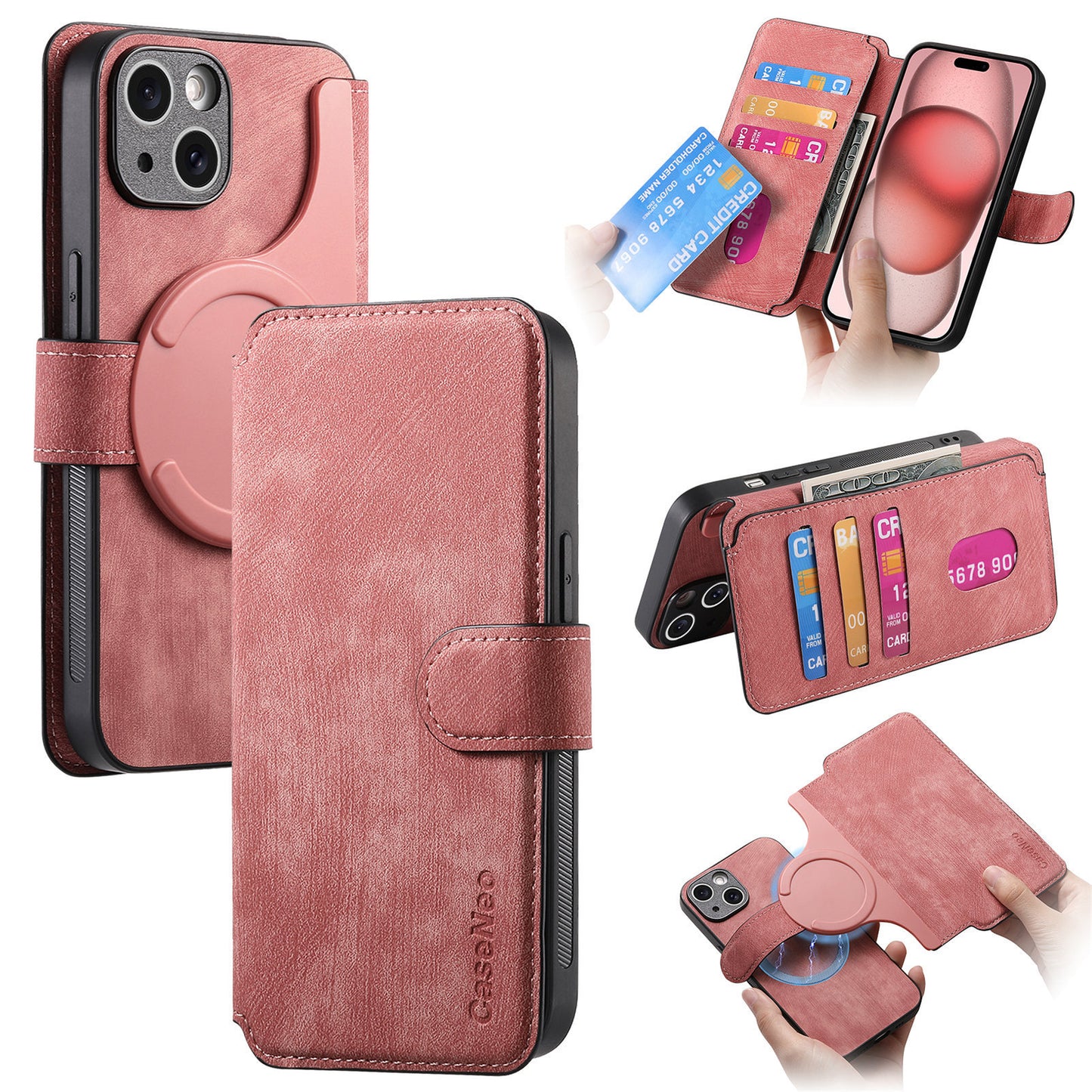 Pink phone case with multiple features and views on a white background