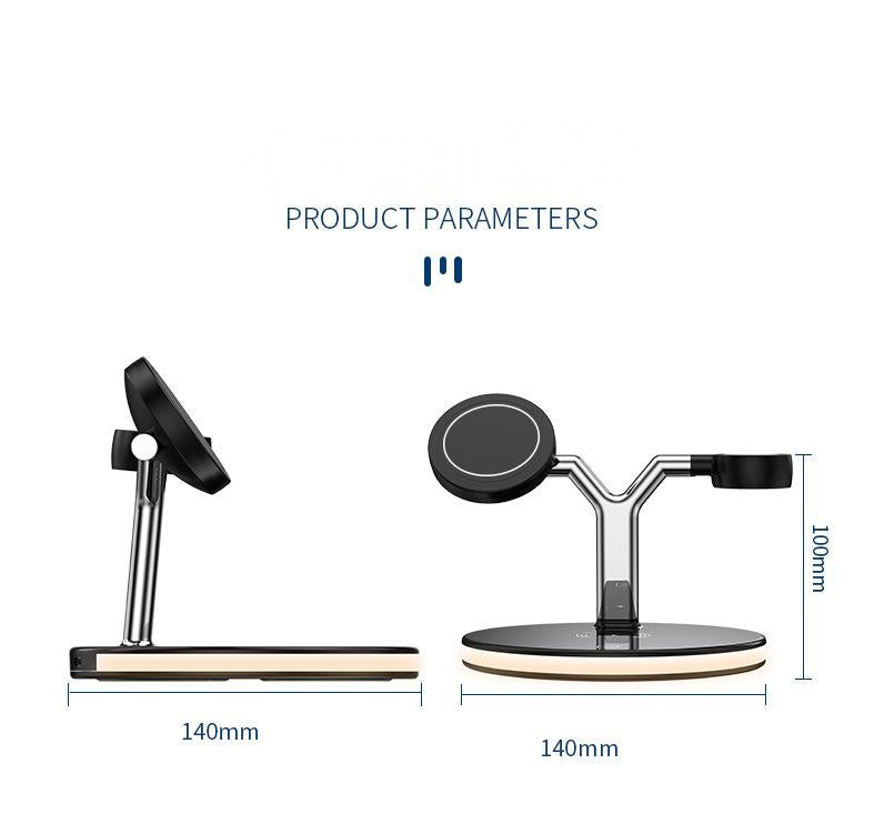 Product dimensions of a stand with a phone mount on a white background
