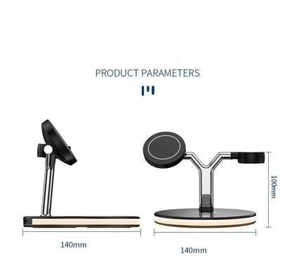 Product dimensions of a stand with a phone mount on a white background