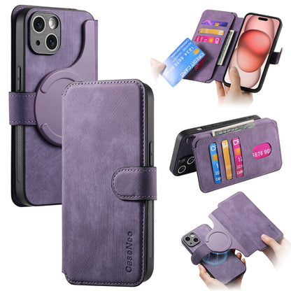 Purple phone case with card slots and ring stand feature on a white background