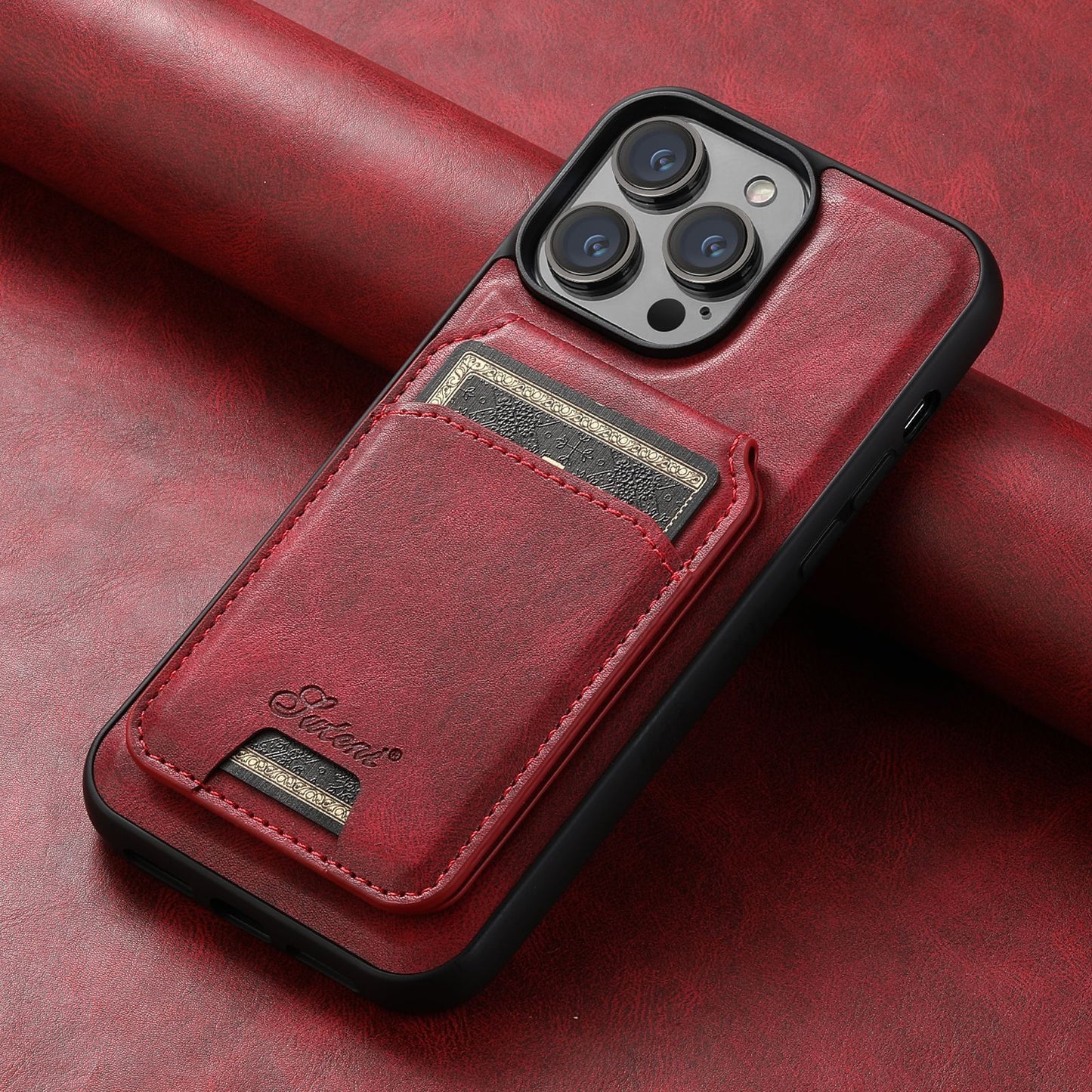 Red phone case with card holder on a red background