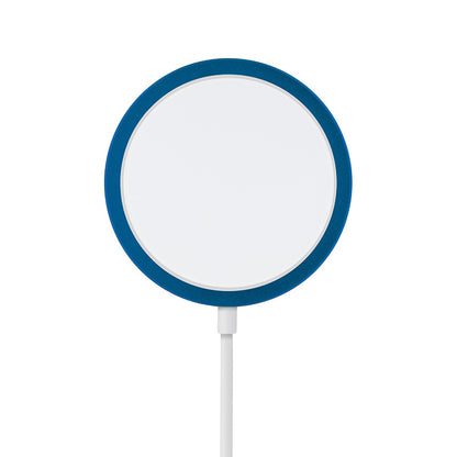 Round mirror with blue frame on a white background