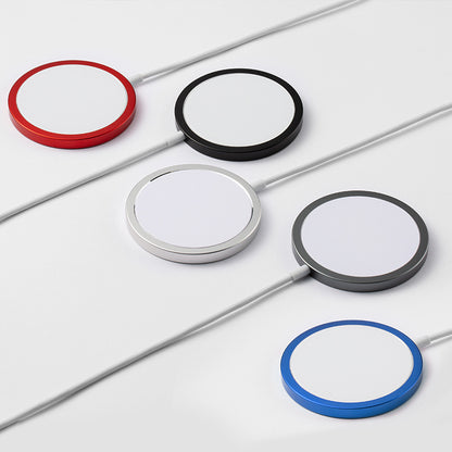 Set of circular charging pads in red, black, silver, gray, and blue on a light background.
