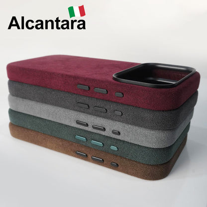 Stack of phone cases in red, gray, and brown with Alcantara logo above.