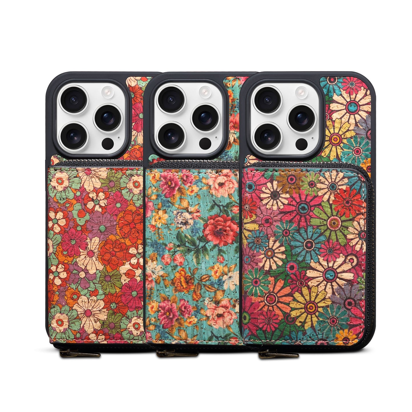Three phone cases with colorful floral patterns on a white background