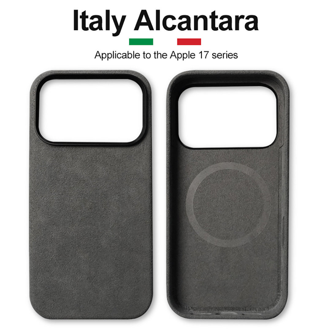 Two black phone cases with 'Italy Alcantara' branding on a white background