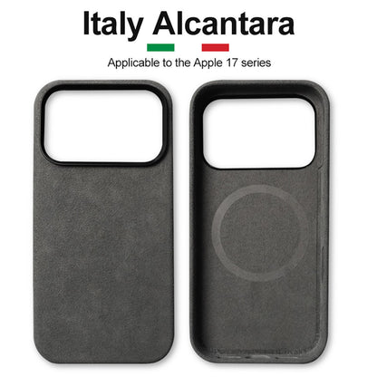 Two black phone cases with 'Italy Alcantara' branding on a white background