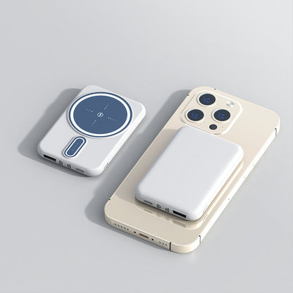 Two phone cases, one white with blue circular design and the other beige with a white square design, on a light gray background.