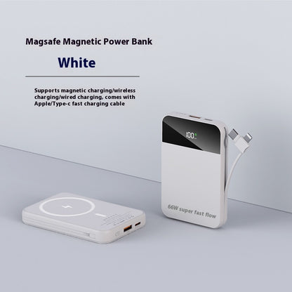White Magsafe Magnetic Power Bank on a light gray background with text detailing features.