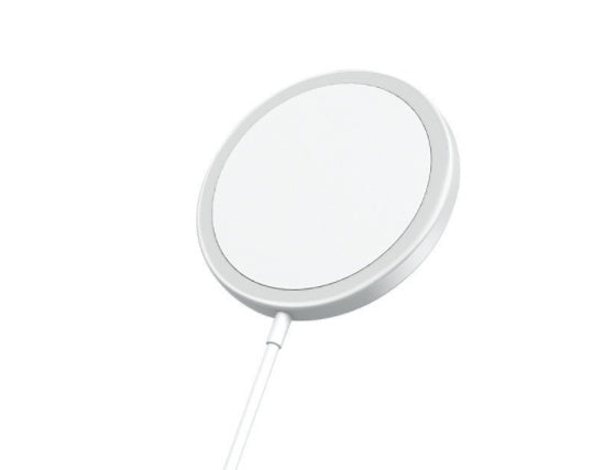 White circular device with a cable on a white background