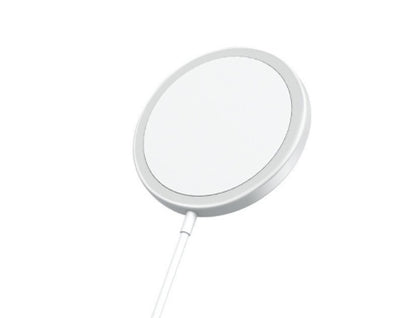 White circular device with a cable on a white background