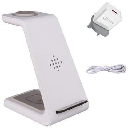 White electronic device with charging cable and adapter on a white background