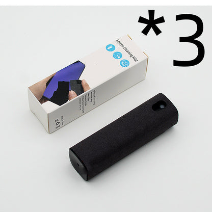 Black screen cleaning mist device with packaging on a white background