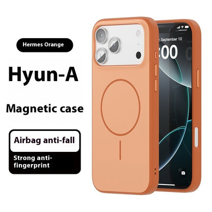 Orange phone case with magnetic feature and airbag anti-fall technology on a white background