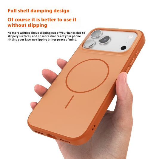 Orange phone case held by a hand with text about its full shell damping design.