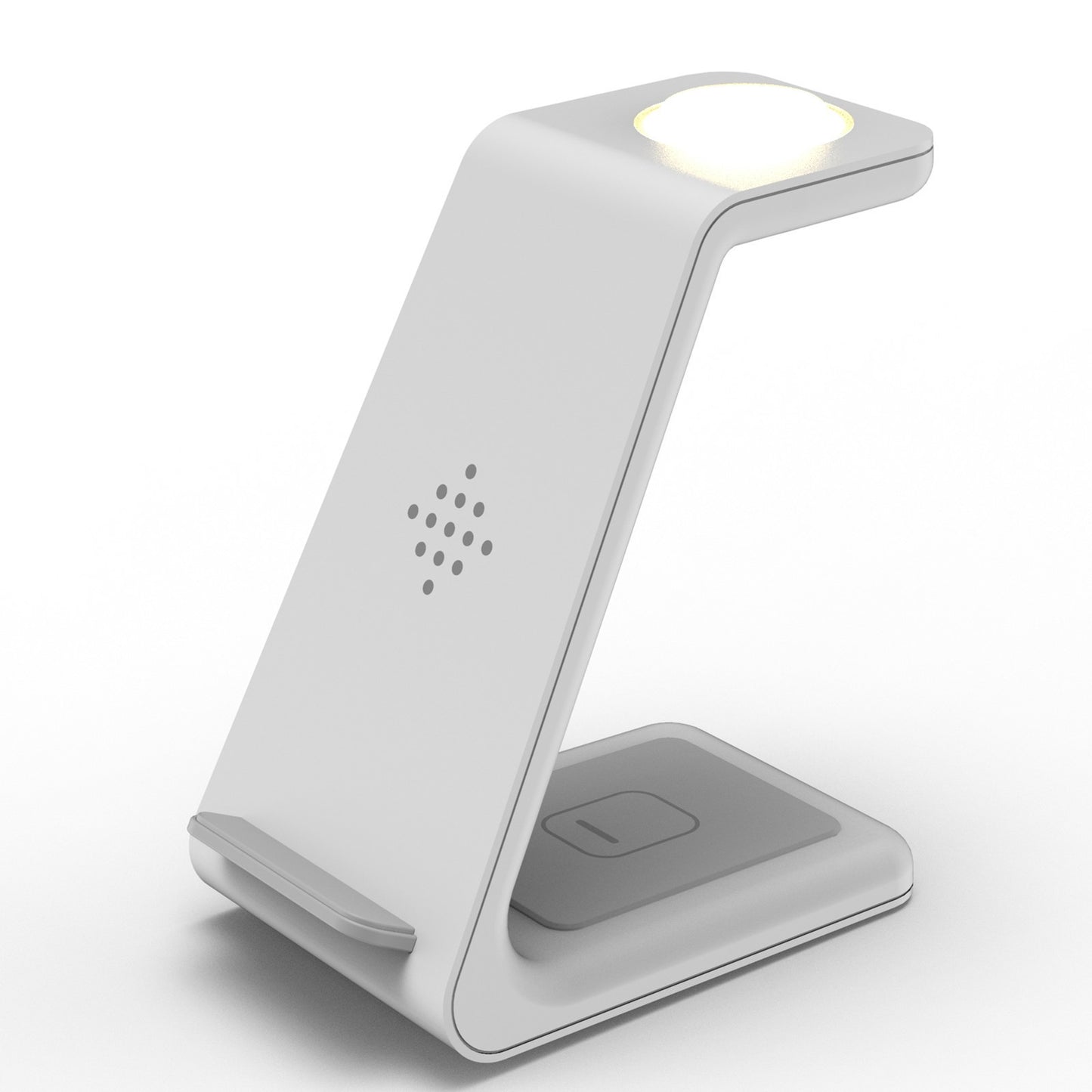 White smartphone stand with charging pad on a white background