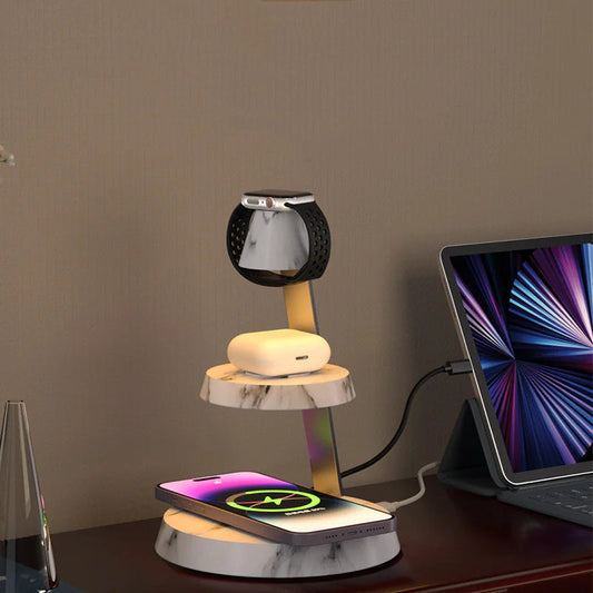 Modern wireless charging stand for phones - adjustable angle, fast charging, and sleek design for home/office use.
